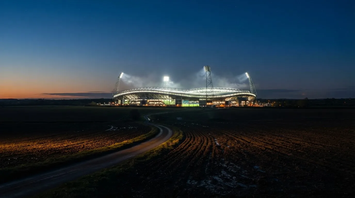 Stadion rozświetlony reflektorami widziany z daleka znad ciemnych pól w pogodny wieczór.