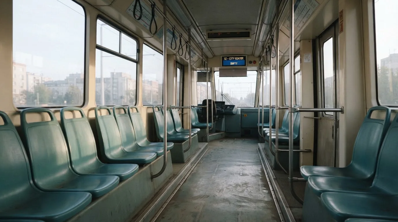 Wnętrze pustego tramwaju z rzędami siedzeń i poręczą w porannym świetle.