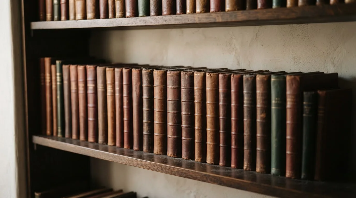 Regał z zamkniętymi książkami w skórzanych oprawach w cichej bibliotece, światło pada z boku.