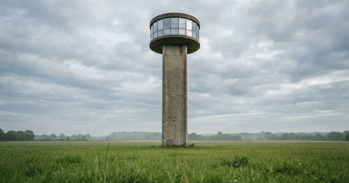 Wysoka wieża obserwacyjna z dużymi oknami na tle zachmurzonego nieba, u jej podnóża zielone pole.
