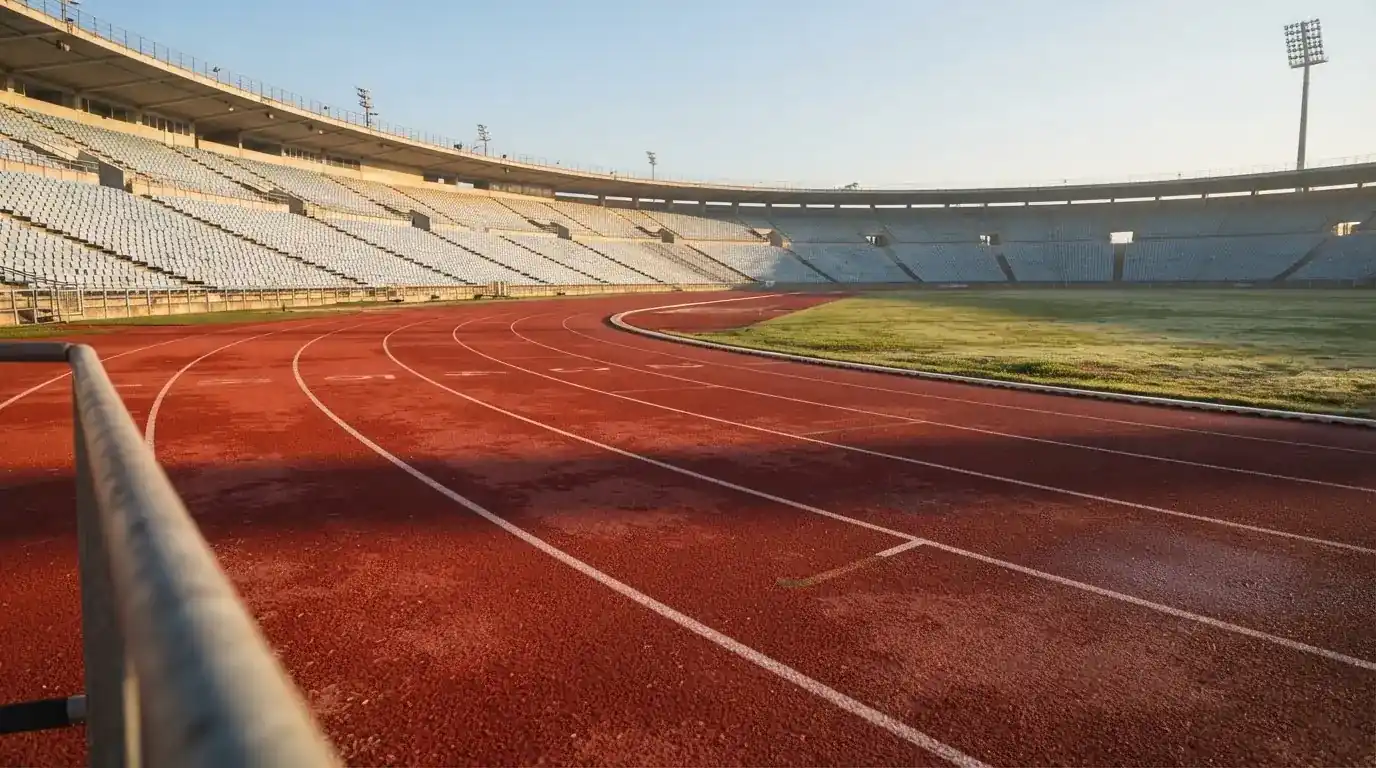 Bieżnia lekkoatletyczna wygięta w łuk pustego stadionu w porannym słońcu.