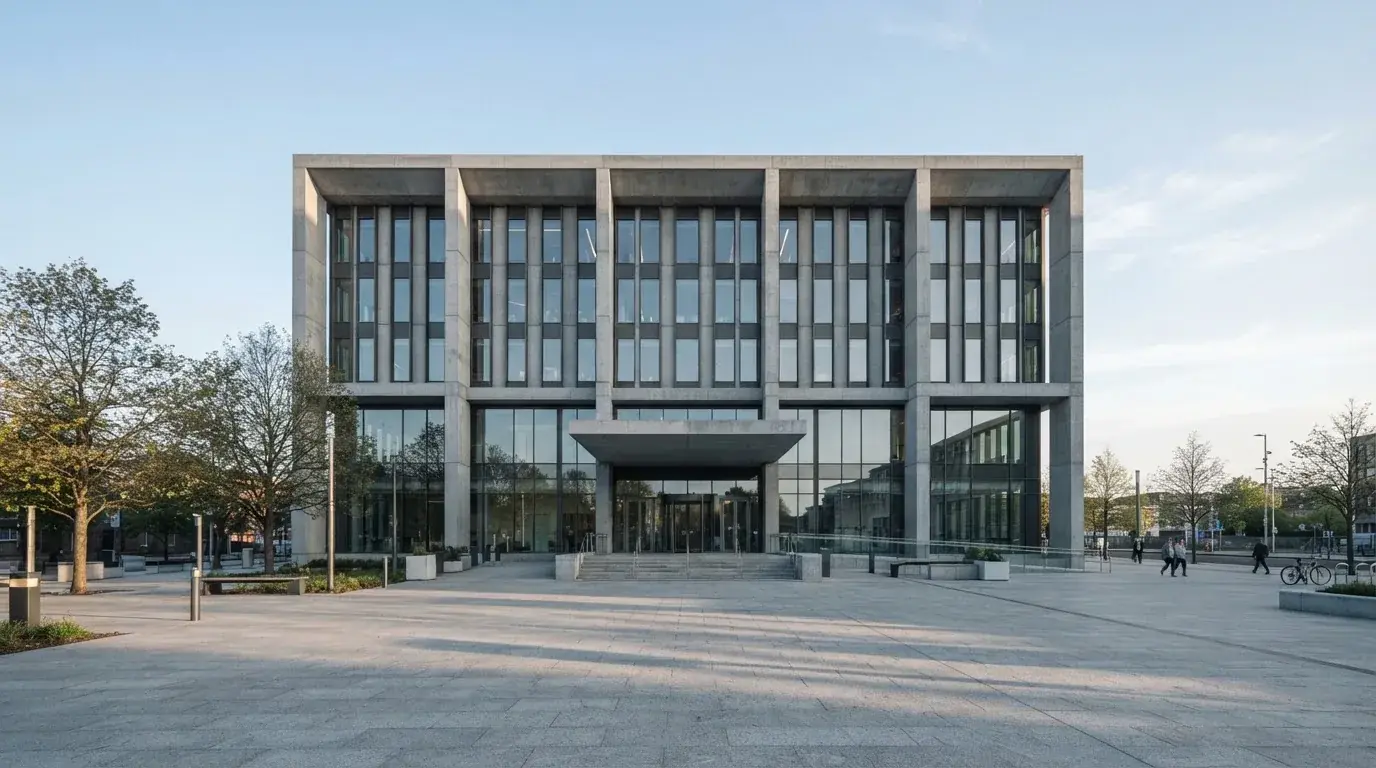 Nowoczesny budynek z szarego betonu i szkła o poranku, szeroki plac przed wejściem, żadnych przechodniów.