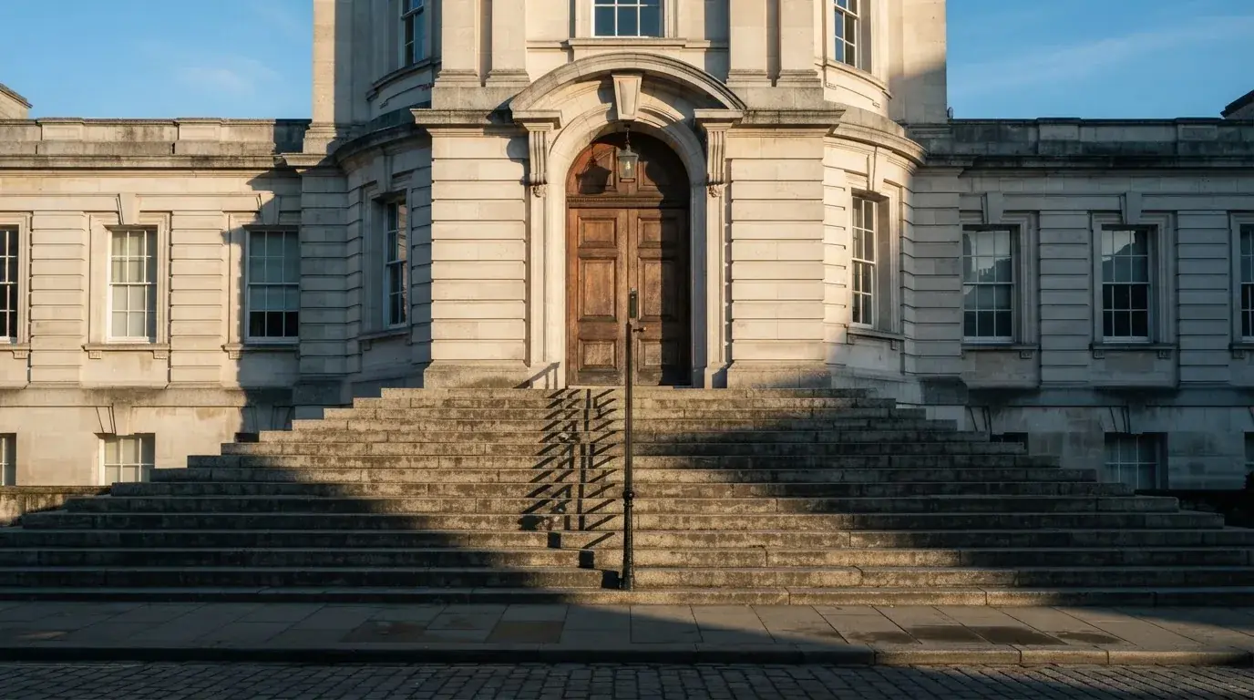 Granitowe schody prowadzące do wysokich drewnianych drzwi budynku w porannym świetle, pusta balustrada.