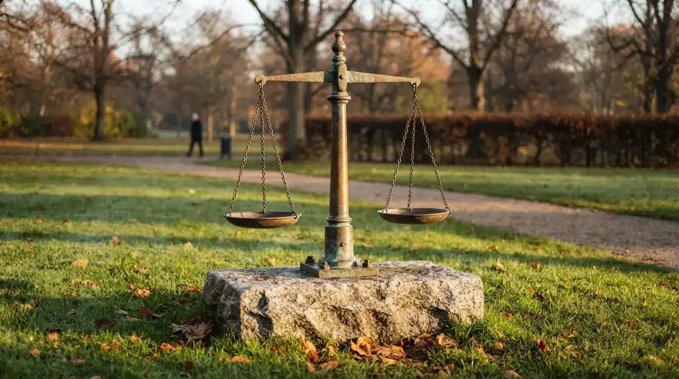 Rzeźba w brązie przedstawiająca wagę szalkową na kamiennym cokole w parku, poranne światło.