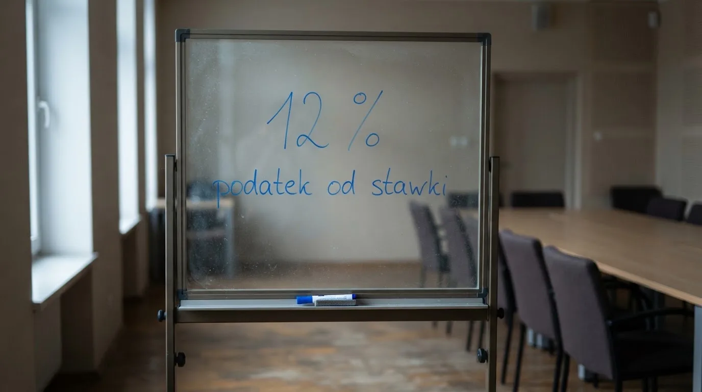 Szklana tablica suchościeralna w pustej sali konferencyjnej, lekko zakurzona, obok leży niebieski pisak.