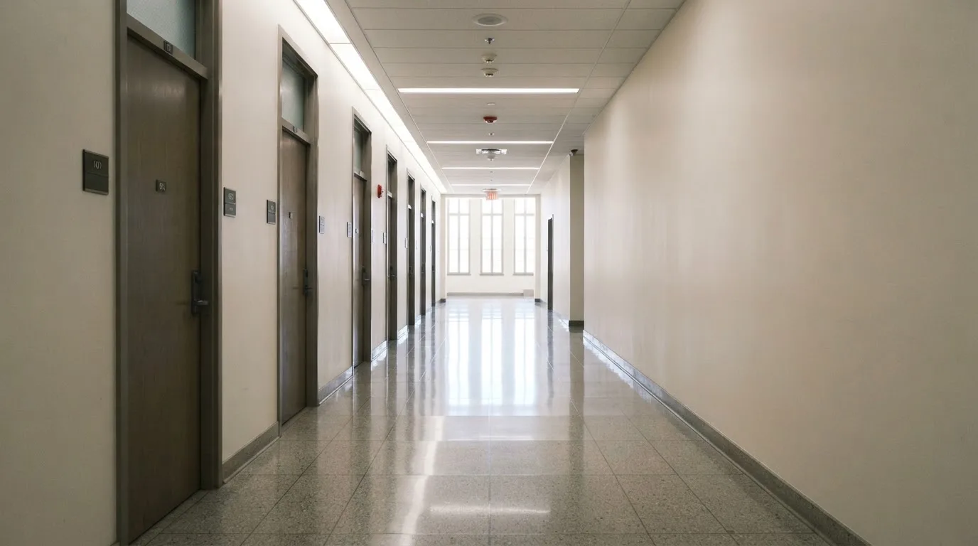 Długi korytarz urzędu z lśniącą posadzką i rzędem zamkniętych drzwi po jednej stronie.